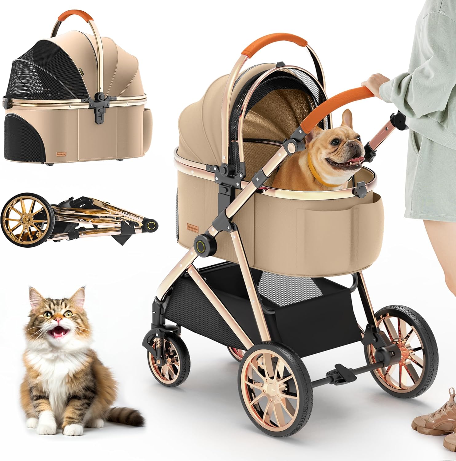 Pet Stroller Carrier - 고급 3-in-1 애완동물 유모차 (전기도금 골드